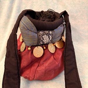 Handmade Elegant Red & Black Boho Chic Fabric Bag with Gold Accent